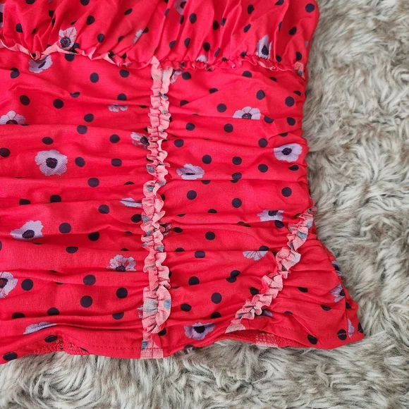 Free People Scottie Printed Tube Top Hot Red Combo Floral & Polka Dot Medium - Picture 3 of 10